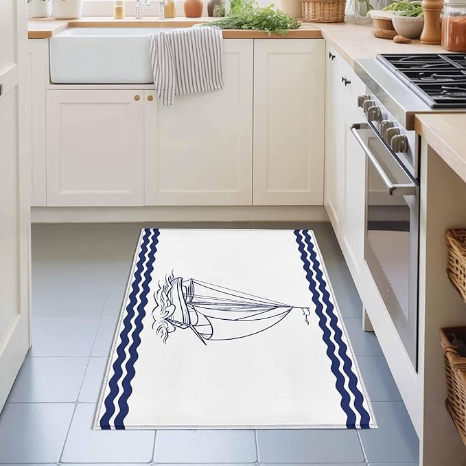 Area Rug 2x3ft, Summer Ocean Nautical Sailboat Washable Rugs for Living Room Bedroom, Marine Theme Navy Blue Stripe Soft Non-Slip Area Rugs Rectangle Floor Carpet for Dining Room