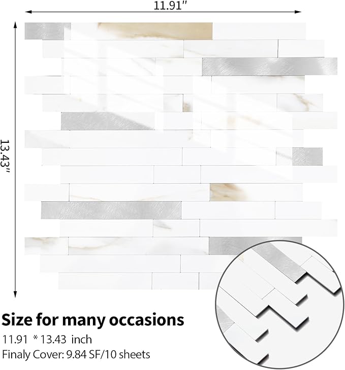 Yipscazo 5 Sheets Peel and Stick Stone Metal Tile Backsplash, Stick on Tiles for Backsplash Kitchen, Bathroom, Laundry Room, Camper, Fireplace (12'' X 12'', Polished Marble)