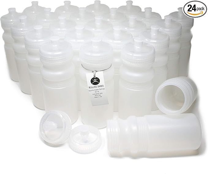 Rolling Sands Reusable Bulk Water Bottles 24 Pack - 20 Oz Sports Water Bottles, USA Made, BPA-Free, Wide Mouth for Easy Cleaning, Dishwasher Safe, Break Resistant - Clear Frost Bottle/Clear Lid