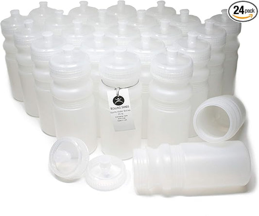 Rolling Sands Reusable Bulk Water Bottles 24 Pack - 20 Oz Sports Water Bottles, USA Made, BPA-Free, Wide Mouth for Easy Cleaning, Dishwasher Safe, Break Resistant - Clear Frost Bottle/Clear Lid