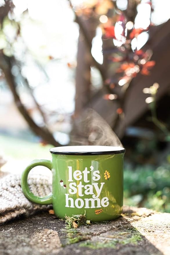 Pearhead Let's Stay Home Ceramic Mug, Autumn Accessories, Fall Holiday Kitchen Decor, Coffee or Tea Cup, Green, 15oz