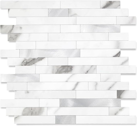 Yipscazo 2026 New Upgrade Peel and Stick Stone Metal Tile Backsplash, Stick on Tiles for Backsplash Kitchen, Bathroom (10 Sheets, Marble White Metal)