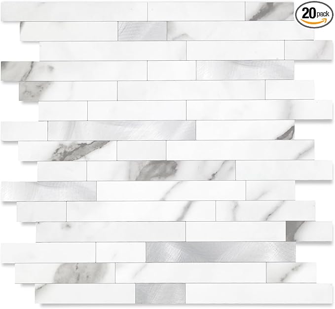 Yipscazo 2026 New Upgrade Peel and Stick Stone Metal Tile Backsplash, Stick on Tiles for Backsplash Kitchen, Bathroom (20 Sheets, Marble White Metal)