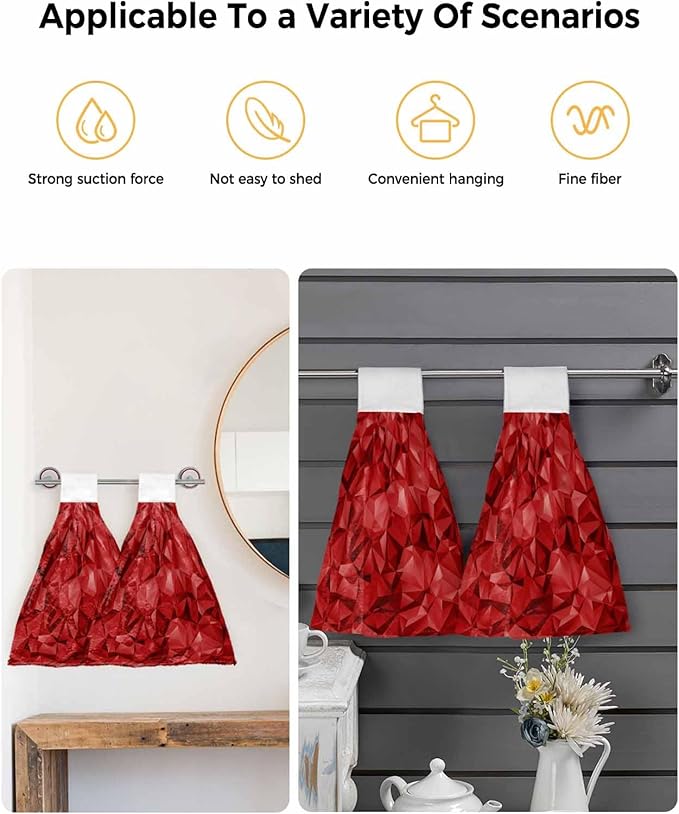 Alandar Home Kitchen Tie Towel Set of 1, Red Geometric Stereotypic Art Absorbent Soft Hand Towels for Bathroom Hanging Towels, Abstract Modern Patterns Fast Drying Cleaning Cloth with Loop