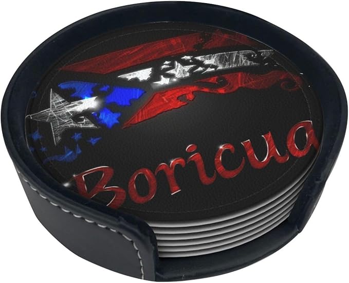 Puerto Rico Leather Drinks Coasters with Holder, Set of 6, Suitable for Various Cups