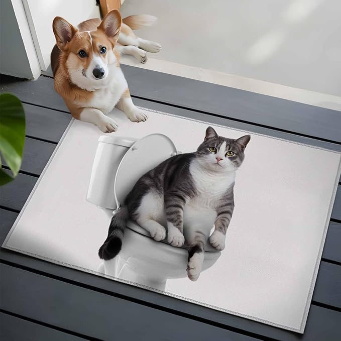 Area Rug 2x3ft, Cute Funny Cat on The Toilet Washable Rugs for Living Room Bedroom, Animal Grey Art Soft Non-Slip Area Rugs Rectangle Floor Carpet for Dining Room