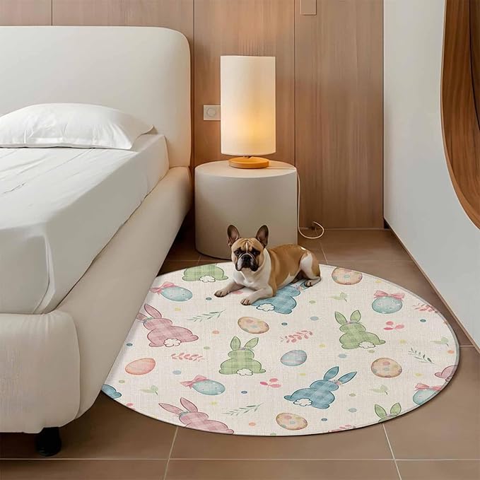 Washable Round Area Rug Happy Easter Cute Plaid Bunny Circle Rugs Floor Carpet for Living Room Bedroom, Colorful Egg Leaves Farm Linen Soft Non Slip Round Rug 3ft