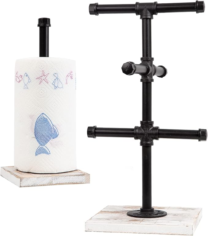 Mug Hanging Rack Kitchen Paper Towel Holder 2 Piece Industrial Black Metal Pipe Rustic White Washed Wooden Base Wood Organizer Multiple Branches Tree Coffee Cups Teacups Tissue Home Counter