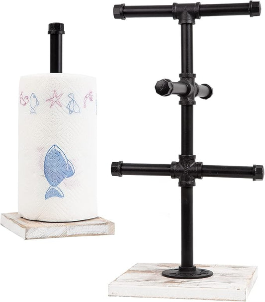Mug Hanging Rack Kitchen Paper Towel Holder 2 Piece Industrial Black Metal Pipe Rustic White Washed Wooden Base Wood Organizer Multiple Branches Tree Coffee Cups Teacups Tissue Home Counter
