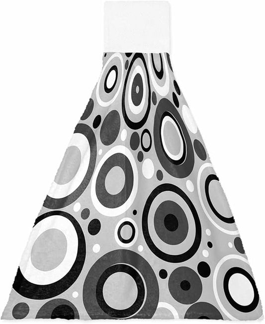 Alandar Home Kitchen Tie Towel Set of 1, Modern Circle Gray Black White Absorbent Soft Hand Towels for Bathroom Hanging Towels, Abstract Geometric Art Fast Drying Cleaning Cloth with Loop
