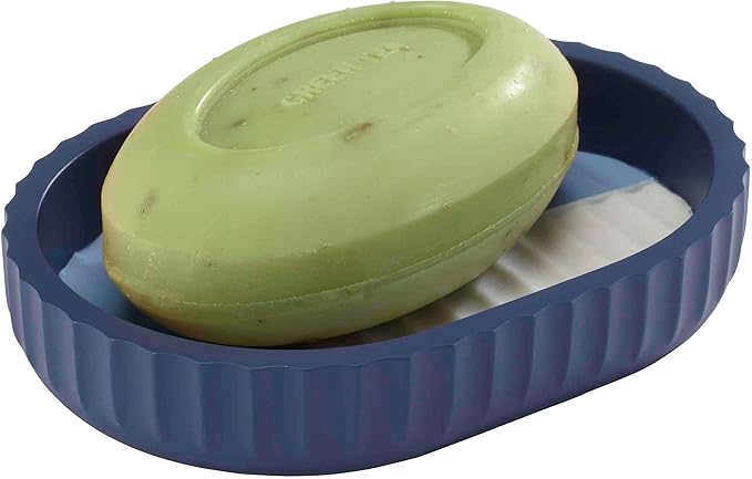 Izod - Bathroom Set, 4pc Countertop Accessories, Tumbler, Toothbrush Holder, Soap Dish & Lotion Pump, Striped Resin Decor, Dorm Room Essentials (Clubhouse Collection, Blue)