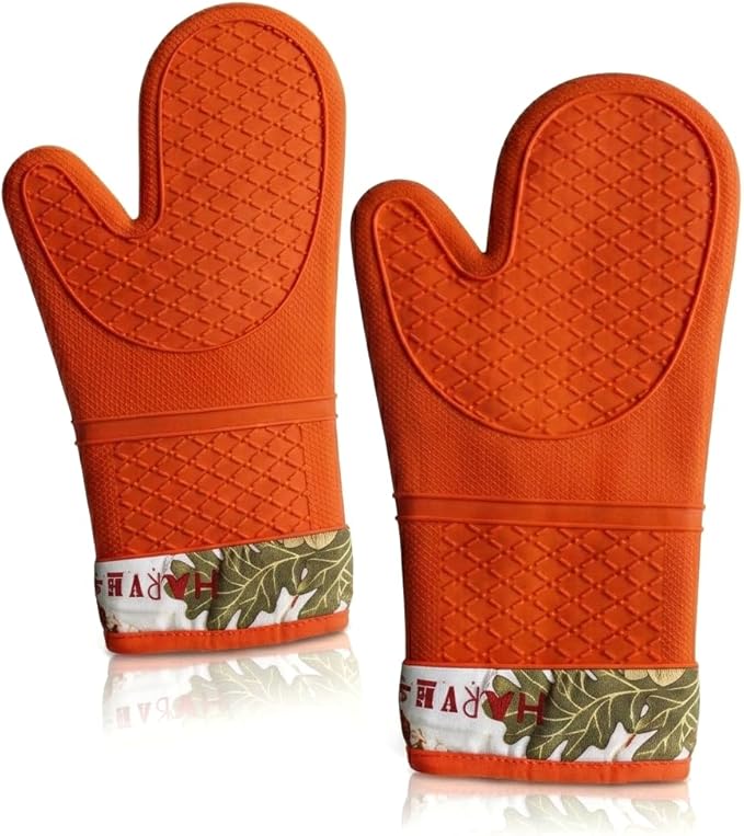 Pair of 2 Heat-Resistant Silicone Oven Mitts – Extra Long, Non-Slip Grip, Soft Cotton Lining, Perfect for Baking, Cooking & BBQ – 13” x 7” Kitchen Gloves (Pumpkin)