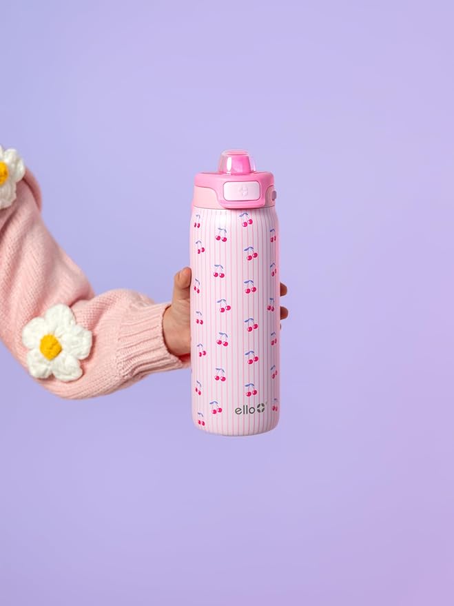 Ello Kids Pop & Fill 12oz Toddler Water Bottle with Quick Fill Lid, Double-Wall Vacuum Insulated Stainless Steel, Leak Proof, BPA Free, Sip & Chug, For School, Lunchboxes, Preppy Cherries