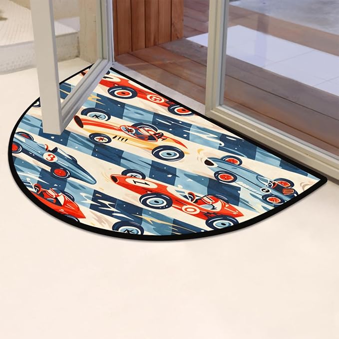 Race Car Racing Half-Round Door Mat | Indoor Entrance Half-Moon Rug | Low-Pile | Area Rug, Non-Slip, Absorbent Semi-Circle Welcome Mats for Kitchen, Patio, and Home Decor | 36x24 Inches