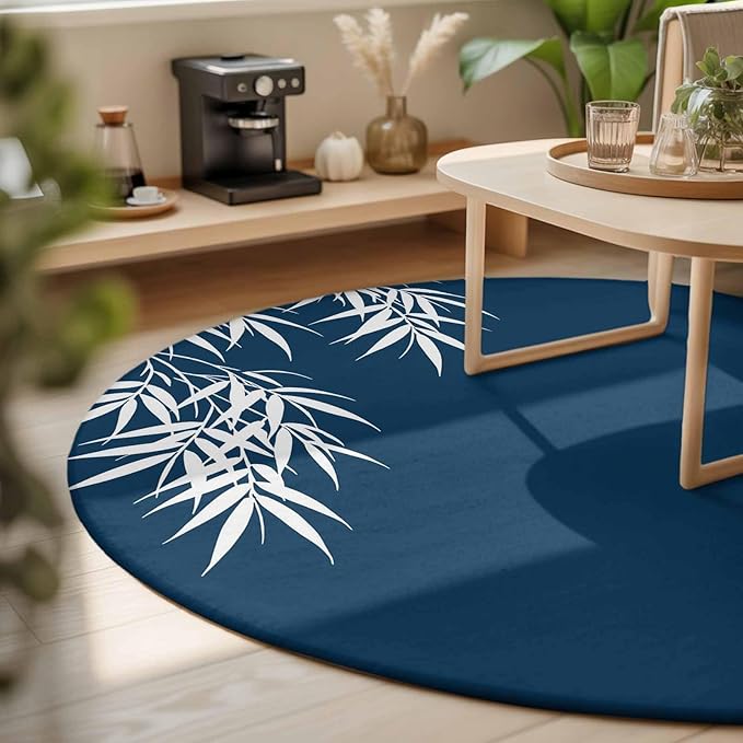 Washable Round Area Rug Country Leaf on Dark Blue Circle Rugs Floor Carpet for Living Room Bedroom, Botanical Silhouette Minimalist Style Soft Non Slip Round Rug 3ft