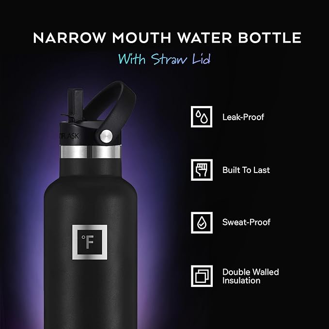 IRON °FLASK Camping & Hiking Hydration Flask with Straw, Narrow Mouth Insulated Stainless Steel Sports Water Bottle - Lavender 24 oz - Straw (1 Lid)