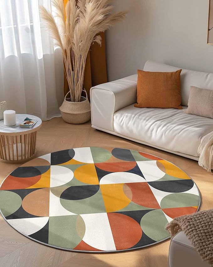 Round Area Rug,Mid Century Color Block Abstract Geometric Circle Living Room Rug Non-Slip Rugs Indoor Carpet,Colorful Nordic Style Soft Comfort Rugs for Bedroom KidsRoom Nursery