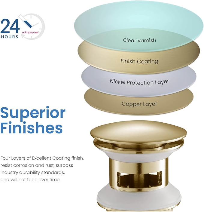 KIBI Bathroom Sink Pop-Up Drain with Overflow (Full Cover) | Lavatory Vanity Drain Stopper | Durable Leak-Proof Sink Drain for Bathroom, Kitchen, and Lavatories | Brushed Gold, KPW102