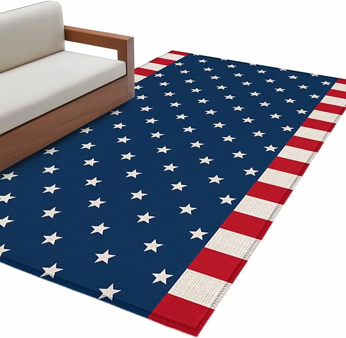 Area Rug 3x5ft, American Independence Day Washable Rugs for Living Room Bedroom, USA Stars on Blue Red White Border Soft Non-Slip Area Rugs Rectangle Floor Carpet for Dining Room