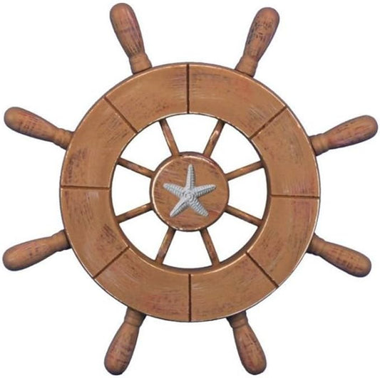 Hampton Nautical Wheel-9-107-starfish Rustic Wood Finish Decorative Ship Wheel with Starfish, 9"