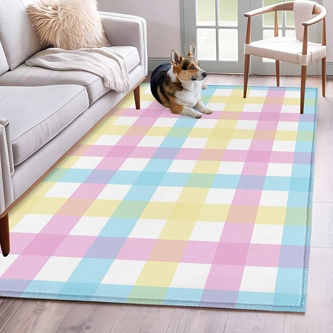 Area Rug 4x6ft, Spring Easter Colorful Lattice Washable Rugs for Living Room Bedroom, Minimalist Buffalo Checker Soft Non-Slip Area Rugs Rectangle Floor Carpet for Dining Room
