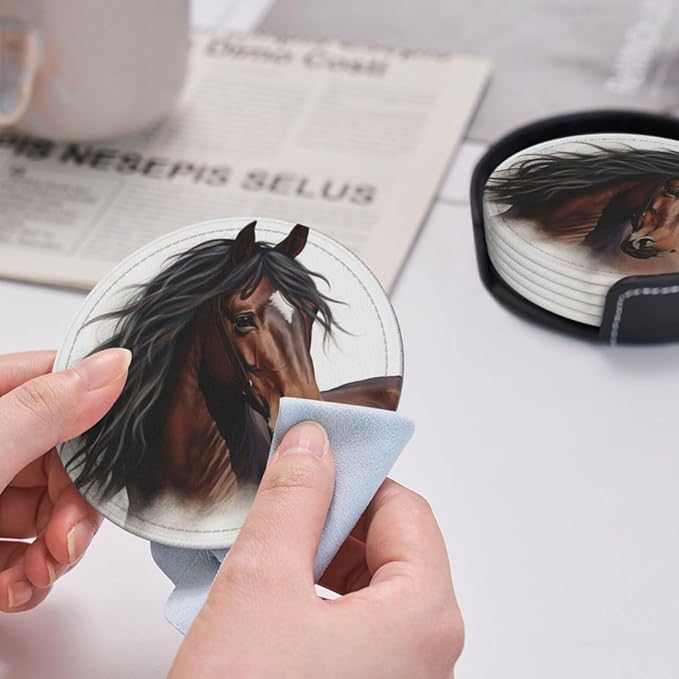 Famame 6 Pcs Handsome Brown Horse Leather Coasters for Drinks with Holder Coaster Sets Drink Table Cup Coasters for Living Room Kitchen Coffee Decor