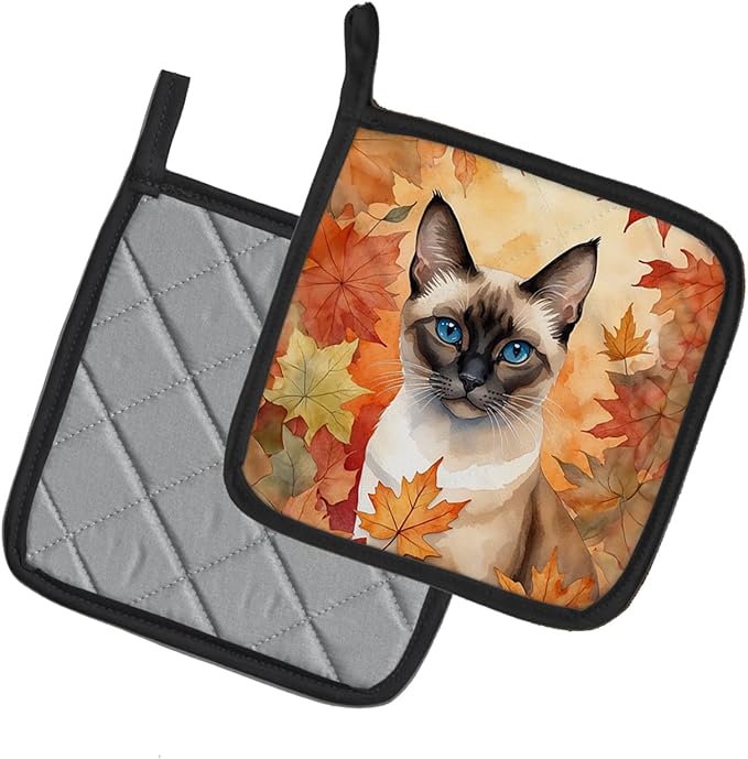 Caroline's Treasures Siamese Cat in Fall Leaves Pair of Pot Holders Kitchen Heat Resistant Pot Holders Sets Oven Hot Pads for Cooking Baking BBQ, 7 1/2 x 7 1/2