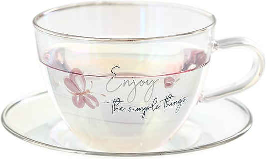 Pavilion Gift Company - Enjoy The Simple Things - 7-ounce Glass Teacup with Saucer Set, Iridescent Coffee Cup, Butterfly Teacup, 1 Count - Pack of 2