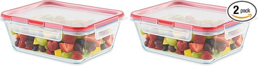 Pyrex Freshlock Glass Food Storage Container, Airtight & Leakproof Locking Lids, Freezer Dishwasher Microwave Safe, 8 Cup (Pack of 2)