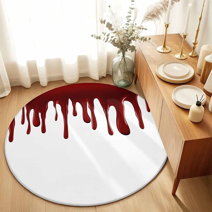 Washable Round Area Rug Halloween Pattern Circle Rugs Floor Carpet for Living Room Bedroom, Horror Red Fluid Style Soft Non Slip Round Rug 3ft