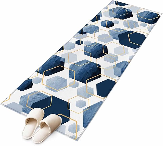 Runner Rug for Bedroom Hallway, Watercolor Blue Hexagon Kitchen Runner Rugs Area Rug 2x6ft, Abstract Geometric Art Washable Soft Floor Carpet for Entryway Stair