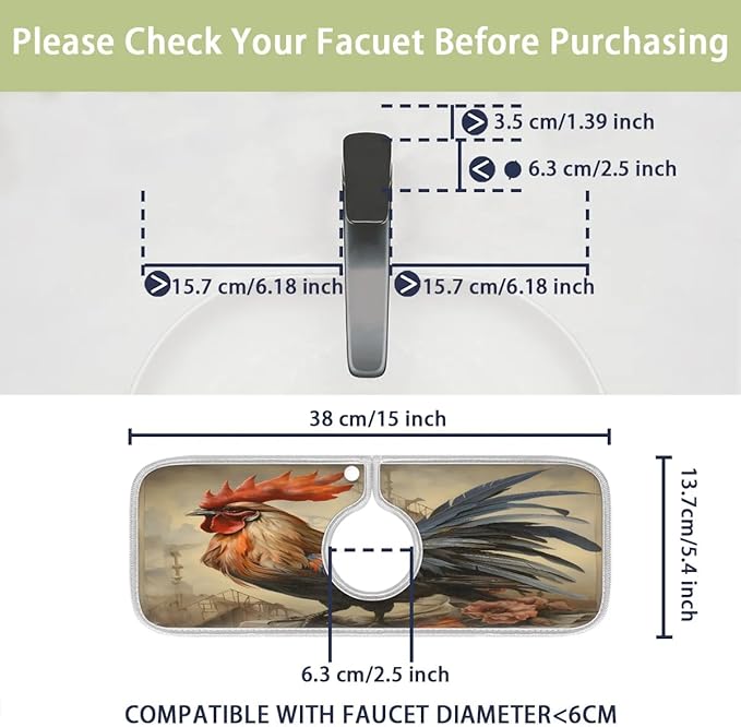 Farmhouse Rooster Kitchen Sink Splash Guard Absorbent Fast Drying Mat Sink Gadgets Washable Sink Matt for Kitchen Faucet Splash Guard