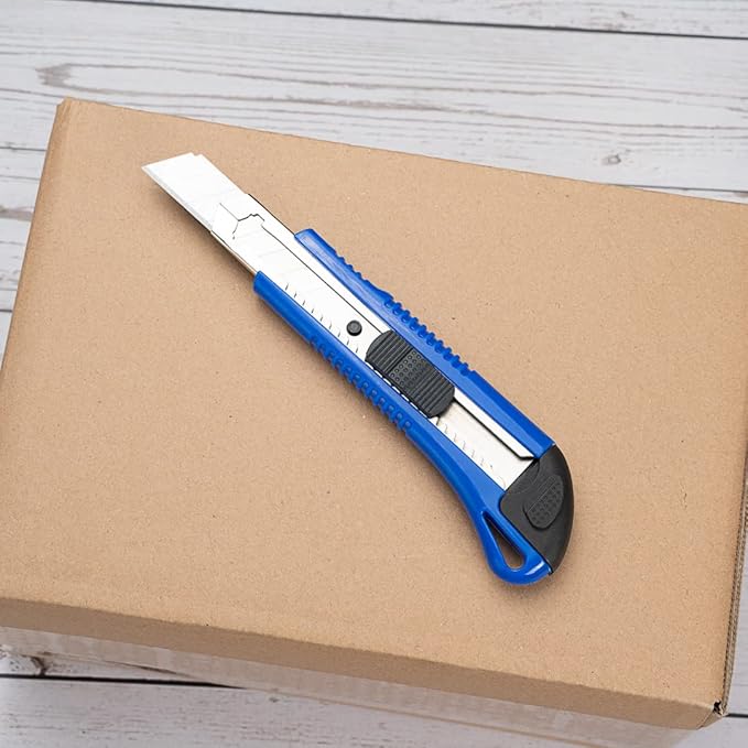 Handy Tek 6.5 Inch Utility Knives, 4 Anti-Slip Box Knives - Heavy Duty, Retractable, Blue Plastic Box Cutters, Built-In Lock, Sharp Blade - Restaurantware