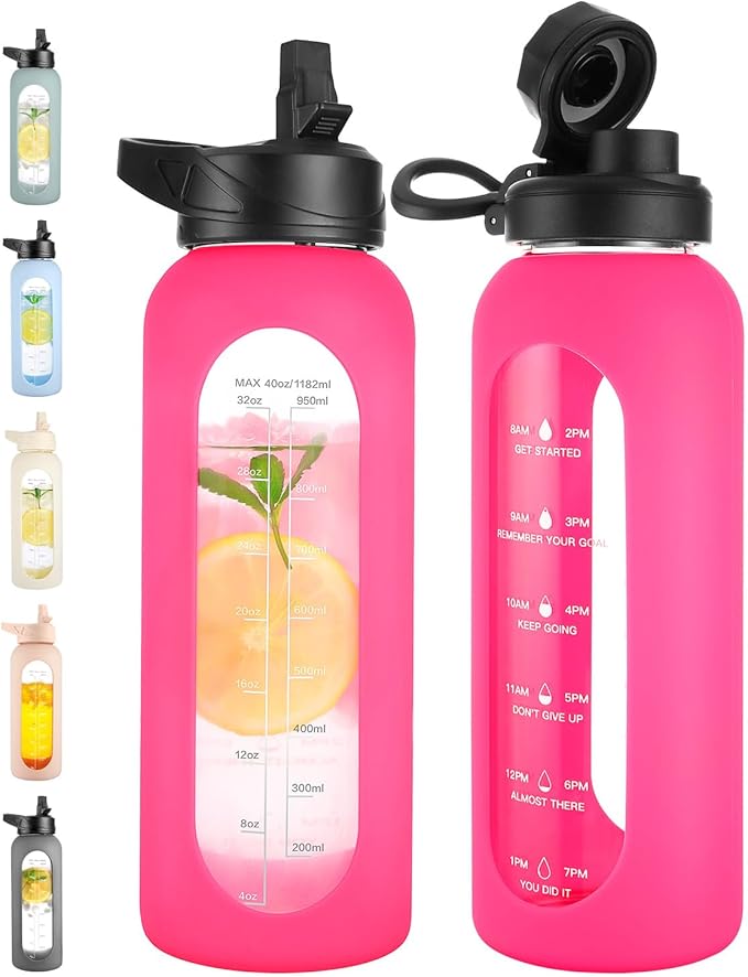 CIVAGO 40 oz Glass Water Bottle with Straw and Handle, Large Sports Motivational Water Bottle Flask with Time Marker and 2 Lids, Leakproof Water Jug Canteen with Silicone Sleeve for Gym, Camelia