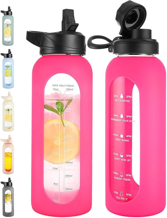 CIVAGO 40 oz Glass Water Bottle with Straw and Handle, Large Sports Motivational Water Bottle Flask with Time Marker and 2 Lids, Leakproof Water Jug Canteen with Silicone Sleeve for Gym, Camelia