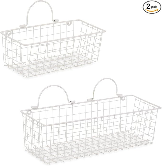 DII Farmhouse Vintage Decor, Wire Wall Basket, Assorted, Antique White, 2 Piece