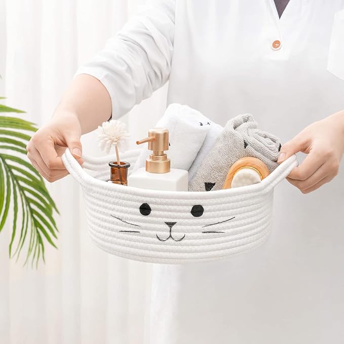 Small Woven Basket, Cute Cat Toy Basket for Living Room, Decorative Nursery Bin for Toys, Diapers, Empty Gift Baskets for Baby, White, 9.8 x 4 inches