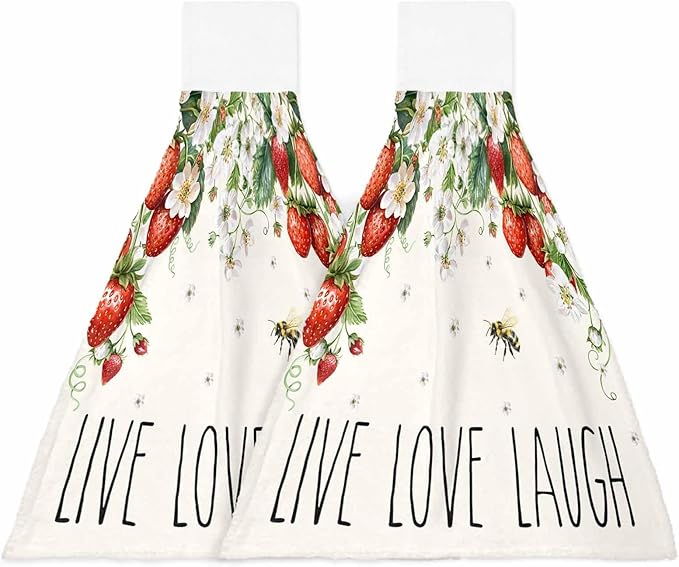Alandar Home Kitchen Tie Towel Set of 2, Watercolor Rustic Strawberry Flower Bee Absorbent Soft Hand Towels for Bathroom Hanging Towels, Farmhouse Landscape Fast Drying Cleaning Cloth with Loop