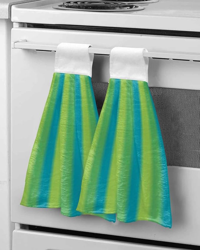 Alandar Home Kitchen Tie Towel Set of 2, Green Blue Vertical Stripes Absorbent Soft Hand Towels for Bathroom Hanging Towels, Gradient Stripes Seamless Fast Drying Cleaning Cloth with Loop