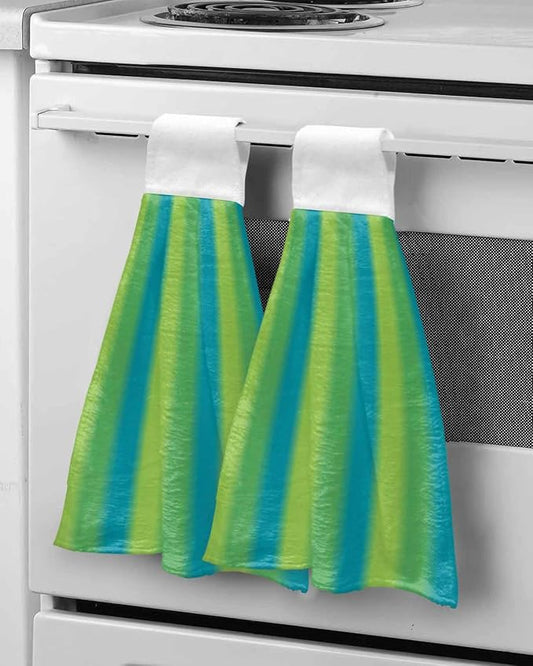 Alandar Home Kitchen Tie Towel Set of 2, Green Blue Vertical Stripes Absorbent Soft Hand Towels for Bathroom Hanging Towels, Gradient Stripes Seamless Fast Drying Cleaning Cloth with Loop