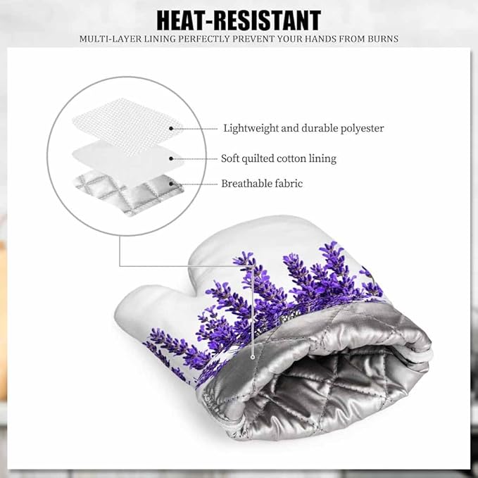Mxocom Lavender Flowers Oven Mitts and Pot Holders Sets Purple Blooming Flower Silicone Heat Resistant Kitchen Oven Gloves Pot Holder for Cooking