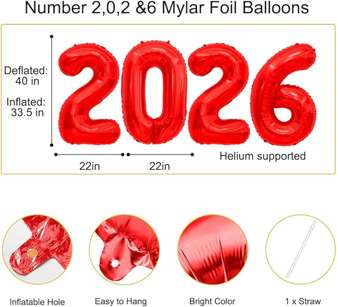 2026 Balloons Red 2026 Foil Number Balloons, 40 inch 2026 Balloons New Year, Large 2026 Mylar Balloons for 2026 New Years Eve Party Supplies Festival Birthday Anniversary Graduation Decorations