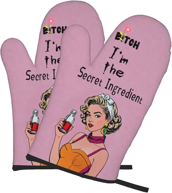 Oven Mitts of 2-Pack Set, Biich I Am The Secret Ingredient, Funny Kitchen Gloves Heat Resistant Non-Slip Kitchen Mitts Safe Cooking Baking Grilling