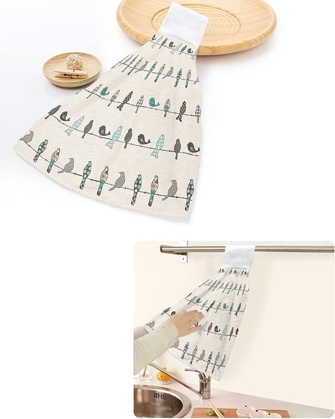 Alandar Home Kitchen Tie Towel Set of 1, Buffalo Check Floral Texture Bird Animal Absorbent Soft Hand Towels for Bathroom Hanging Towels, Vintage Burlap Cotton Fast Drying Cleaning Cloth with Loop