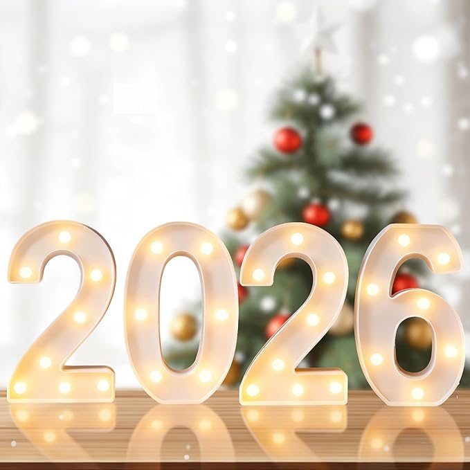 LED Marquee Number 2026 Sign - Light Up 2026 Numbers for New Year Eve Party Decorations, Christmas, Graduation & Festive Gatherings | Battery Powered, Freestanding Photo Backdrop (White)