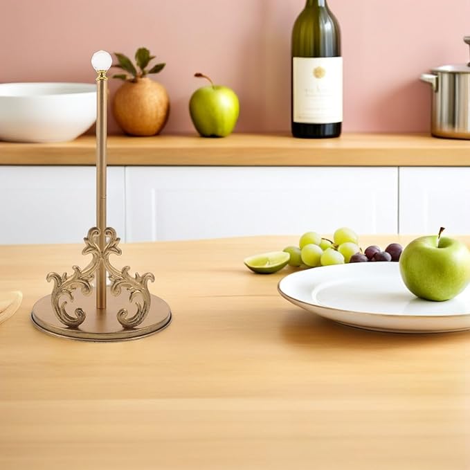 Kichvoe Wrought Iron Paper Towel Holder Standing Kitchen Countertop Rack with Weighted Base and Crystal Accent for Indoor and Outdoor Use