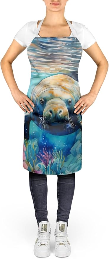 Caroline's Treasures Manatee Apron Cooking Kitchen Server Baking Crafts Gardening for Adult Women Men, Unisex, Large, Multicolor