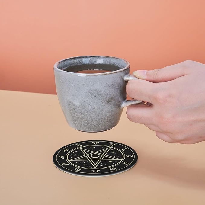 Celtic Wiccan Magic Pentagrams Leather Drinks Coasters with Holder, Set of 6, Suitable for Various Cups