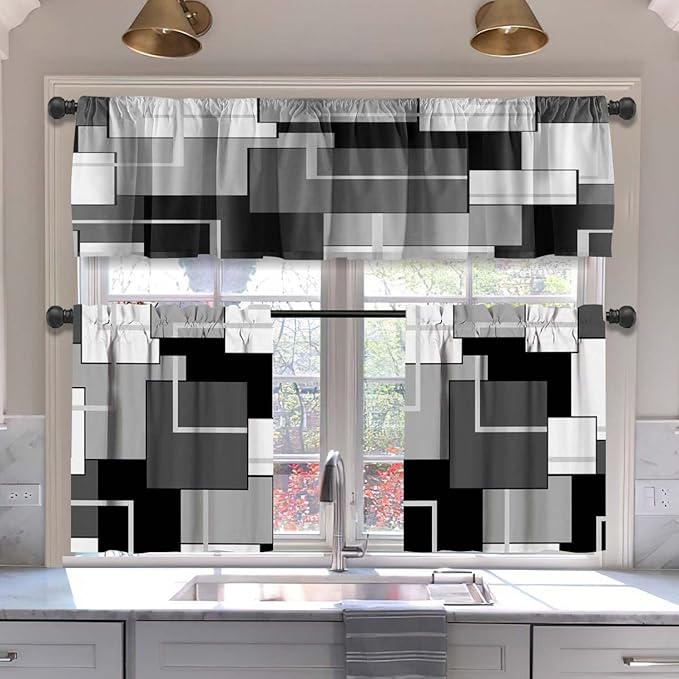MCALK Dark Grey Blackout Kitchen Curtains Tiers and Valances for Windows, Geometric Modern Art Kitchen Window Curtains, Grey and Black Valances for Living Room (36" Tiers Set)
