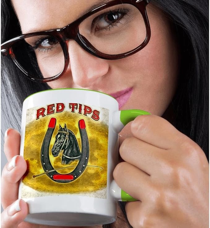 3dRose Red Tips Digitally Altered Vintage Horse Label 11oz Two-Tone Green Mug